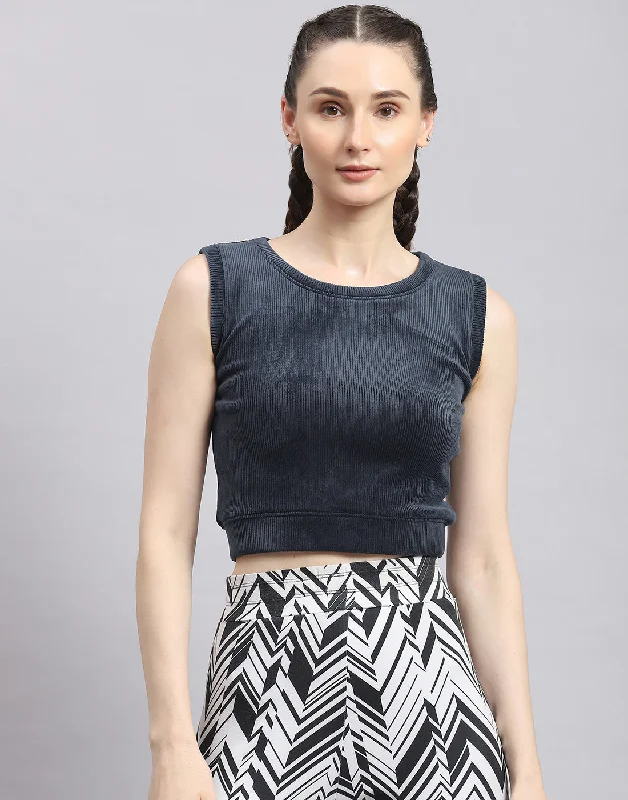Women Navy Blue Solid Round Neck Sleeveless TopSpring sleeveless tops