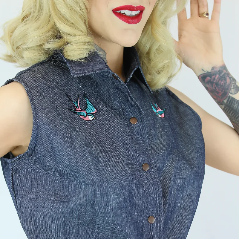 Embroidered Sparrows Sleeveless Denim Knot Top #E-2SDKTBackless sleeveless tops