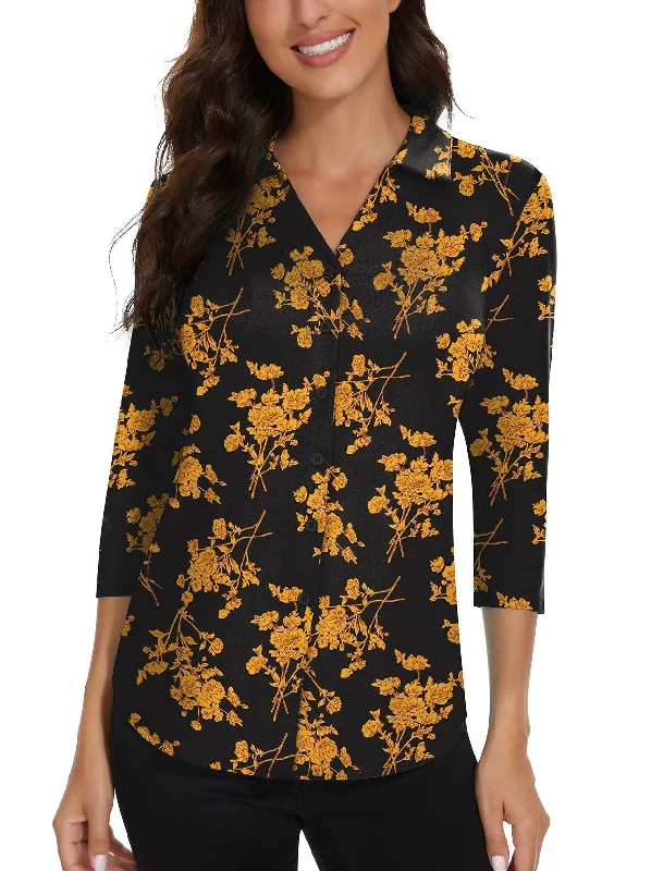 VNeckTopNinjaYellow Floral on Black Background V-Neck Button Down 3/4 Sleeve Shirt for Women